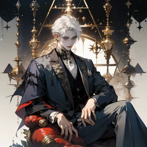 male, white hair, dark eyes, wear royal suit, inside castle background, Sitting on  thorn, smirk, dark tone, same age, different color suit, high angle