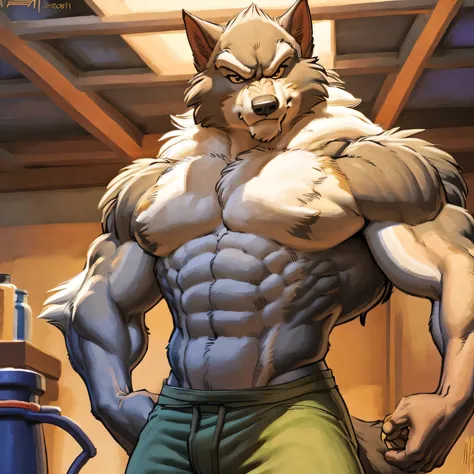 gallon, werewolf, mane, very muscular, high quality, best resolution, stern face, looking at viewer, half body, strong chest, pectorals, by zaush, by meesh, simple background:1.2, detailed eyes