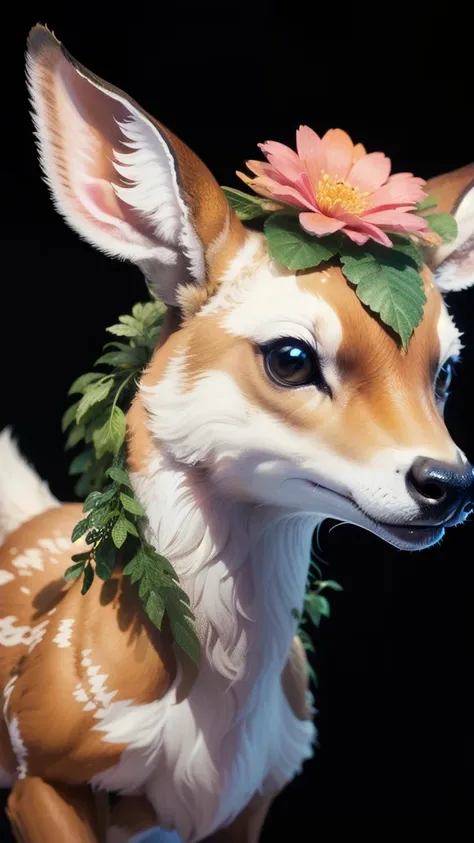 a close up of a deer with flowers on a black background, cute detailed digital art, jen bartel, by Ryan Yee, cute forest creature, anthropomorphic deer female, ✏️🎨, a mythical creature, anthropomorphic female deer, cute detailed artwork, an anthropomorphic...