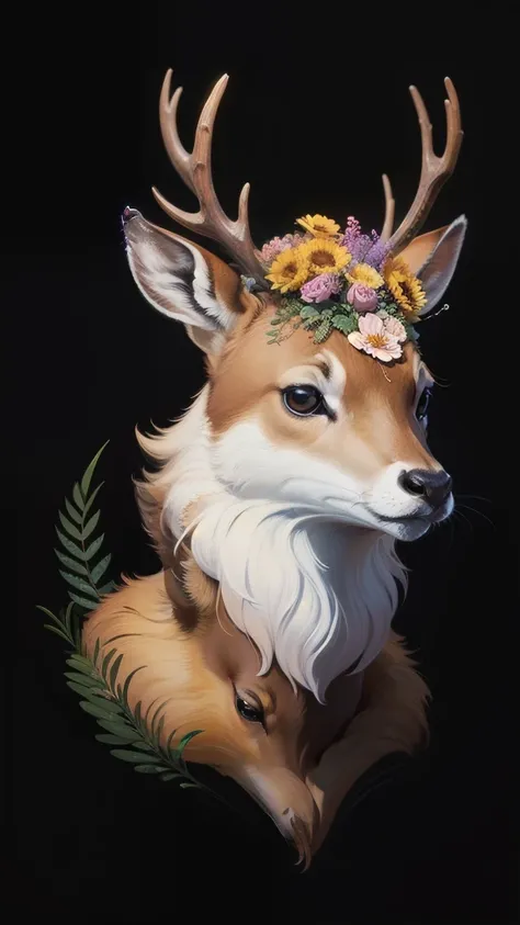 a close up of a deer with flowers on a black background, a digital painting by Ryan Yee, trending on deviantart, furry art, cute detailed digital art, jen bartel, cute forest creature, anthropomorphic deer female, ✏️🎨, a mythical creature, anthropomorphic ...