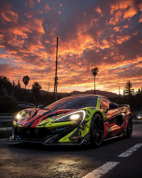 "A vibrant sports car parked on a rough low-light street during a stunning sunset. The sky is filled with dramatic orange and red clouds blending into a deep blue, creating a serene cinematic atmosphere. The headlights of the car are glowing, reflecting on...