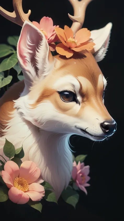 a close up of a deer with flowers on a black background, cute detailed digital art, jen bartel, by Ryan Yee, cute forest creature, anthropomorphic deer female, ✏️🎨, a mythical creature, anthropomorphic female deer, cute detailed artwork, an anthropomorphic...