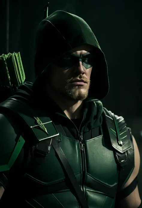 A cinematic image of harry goodwins as Green Arrow live action
