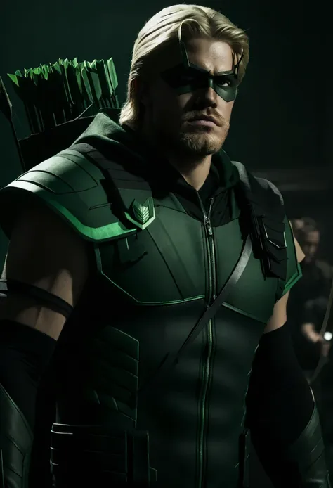 A cinematic image of harry goodwins as Green Arrow live action