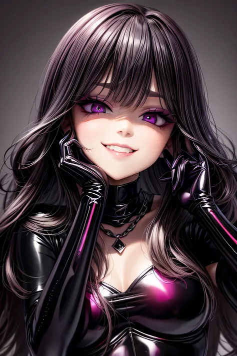 evil smile, under , bratty girl, shiny latex, gloves, highlighted eyes with eyeliner, false eyelashes, soft shadows, light makeup, blushed