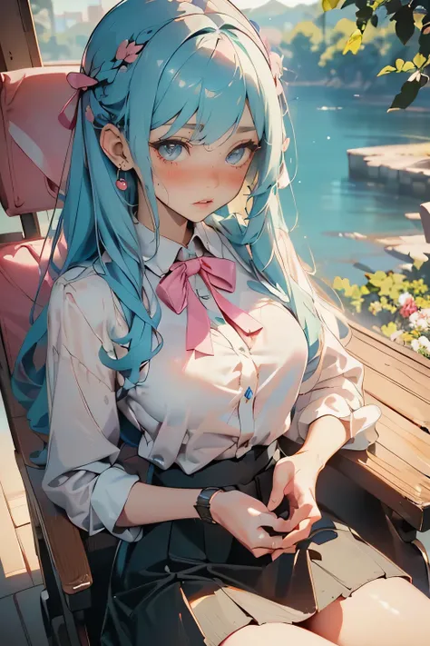 (  Details beautiful eyes and   Details face,  Masterpiece side light,  Masterpiece,  top quality,   Details,  high resolution illustrations), ( in the seat,  beautiful girl,   shiny skin,  Look Down,  watches viewers), (  long sky blue hair ,  pink eye,  ...