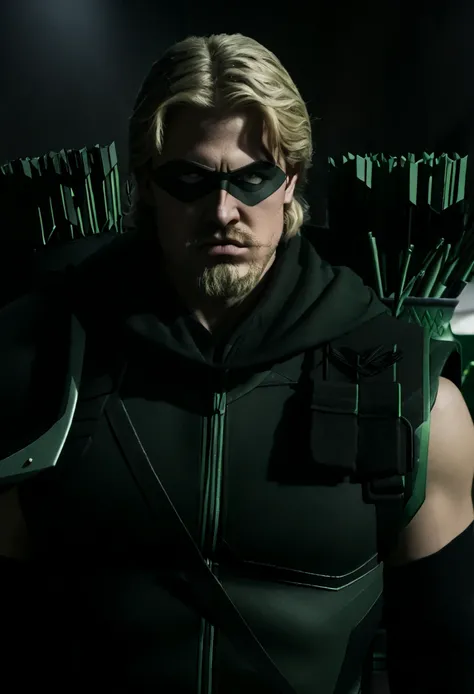 A cinematic image of harry goodwins as Green Arrow live action