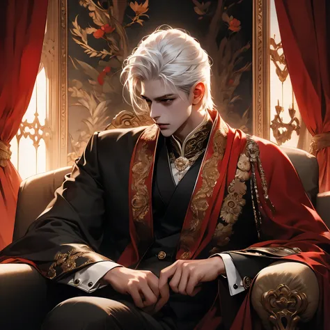 male, white hair, dark eyes, wear royal suit, inside castle background, Sitting on  thorn, dark tone, same age, different color suit, high angle