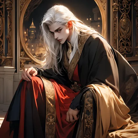 male, white hair, dark eyes, wear royal suit, inside castle background, Sitting on  thorn, dark tone, same age, different color suit, high angle