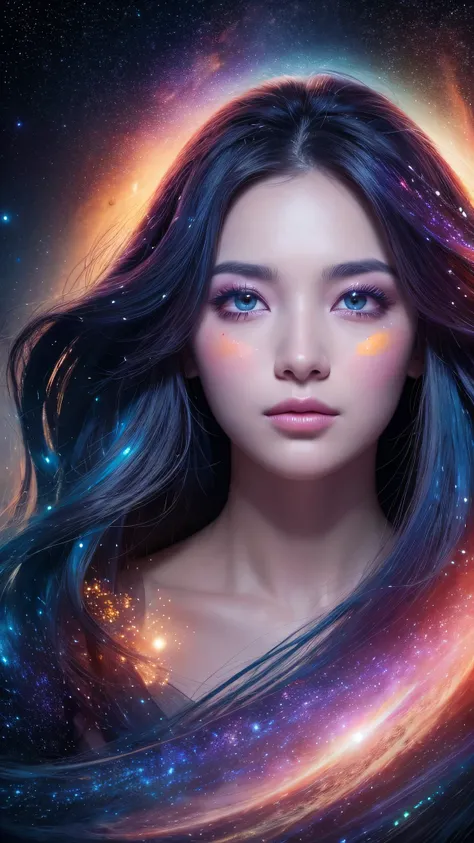 A mystical, cosmic woman whose face and body is fully blended with the colors and textures of deep space, making her facial features appear as if they are formed from galaxies, nebulae, and stardust. Her skin on her face shifts between deep purples, blues,...