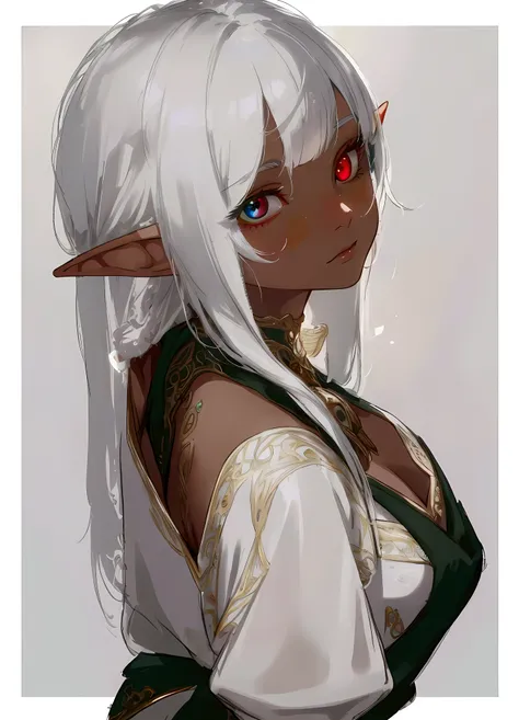 a beautiful elf girl with heterochromia, one red eye and one yellow eye, detailed facial features, ethereal and enchanting expression, delicate elven features, long flowing hair, ornate elven costume with intricate details, magical forest background, detai...