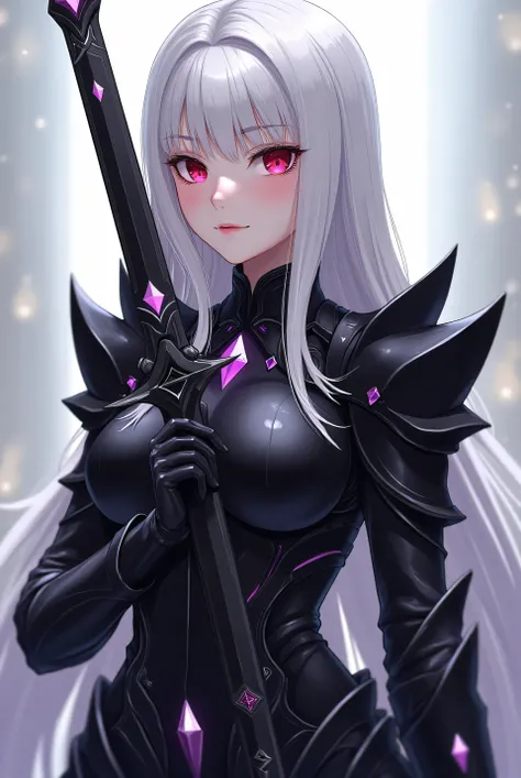 Girl with long and straight white hair, Red eyes of height 1.65,  some D-cup breasts and a similar butt, an all-black armor with touches of purple diamonds and resting on a black sword with white diamond inscriptions