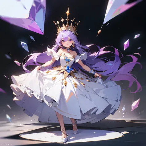 Character create a girl at your 15th birthday party,  she has long straight purple hair ,  eyes in the shade of lavender ,  wears a crown made of white gold with diamonds , Various accessories, A ring, crystal slippers ,  and a long puffy silver ball dress