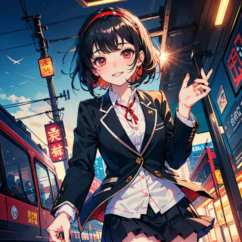  stick out your tongue,  Hair Band ,  red eyes,  black hair,  smiles, chest,  1 girl, bangs,  medium hair,  blushes,  Bright Eyes , Light blush, anime,  blazer, skirt,Molester,underwear, Tram, low angle