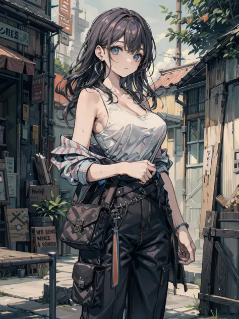 earring, narrow waist, black hair, large breasts, sweat, outdoor, cowboy shot, jumpsuit, tank top shirt,