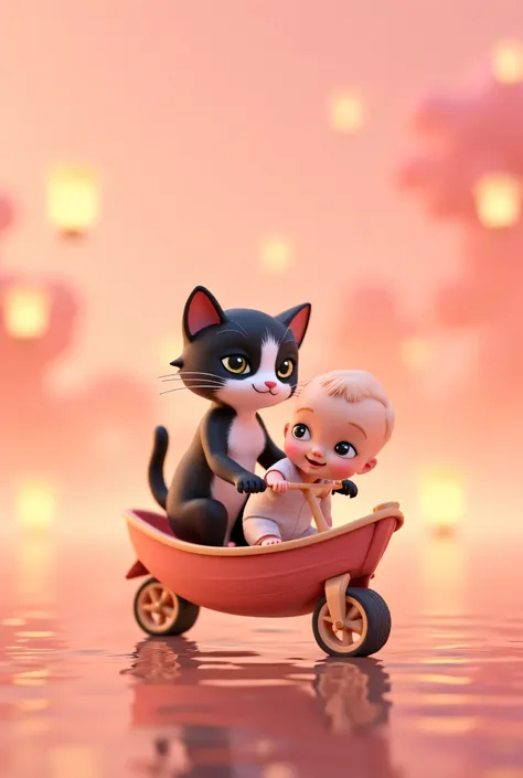 14. "A tuxedo cat and a baby boy ride a tiny boat-shaped bicycle across a dreamy pink lake, surrounded by floating lanterns."