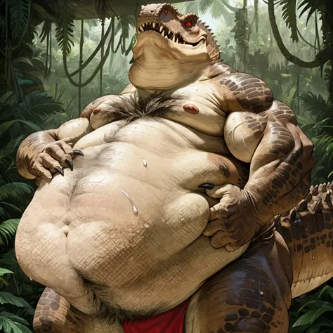  Male Tyrannosaurus 、brown scales、 completely naked、 very obese lower abdomen、Very fat legs、 very fat neck、 angry、Crooked Chest Hair 、 Crooked Underarm Hair 、 Crooked Pubic Hair 、 Crooked Abdominal Hair 、Hands touching belly、 wrinkles between eyebrows、Prof...