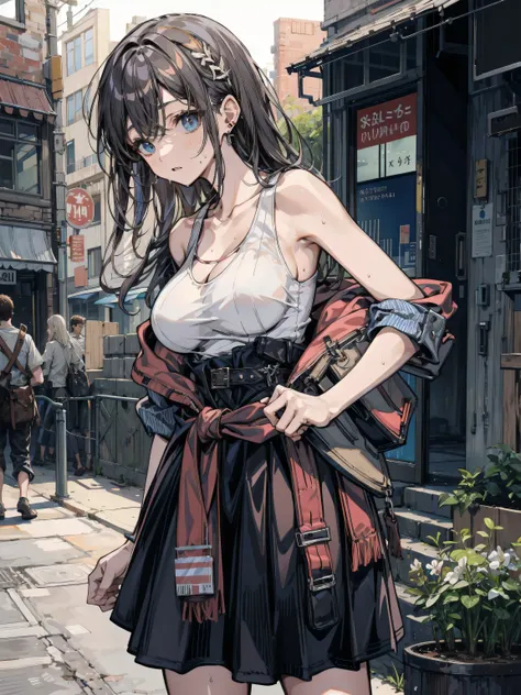 earring, narrow waist, black hair, large breasts, sweat, outdoor, cowboy shot, tank top shirt, skirt,