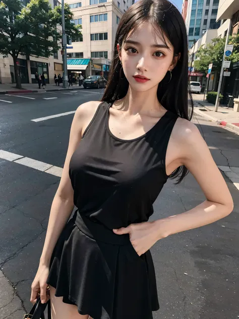 delicate facial features, very detailed eyes and face, realistic face proportions, earring, big breasts, narrow waist, black hair, sweat, outdoor, full body shot, tank top shirt, skirt,