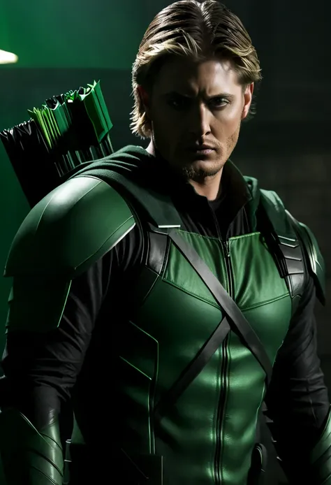 A cinematic image of jensen ackles as Green Arrow live action