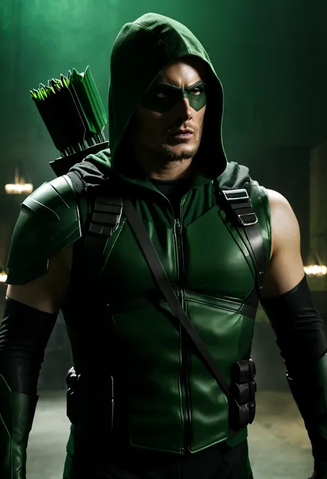 A cinematic image of jensen ackles as Green Arrow live action