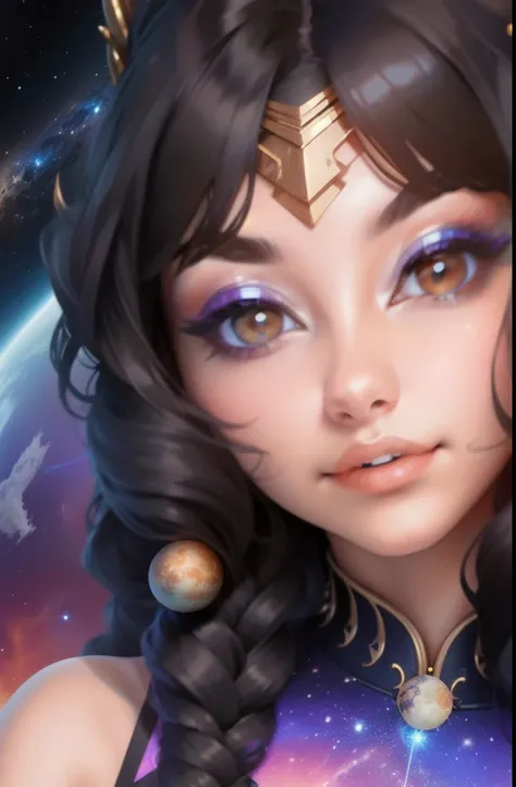 a close up of a woman with a black hair and a purple dress, digital art by Tony Szczudlo, reddit, afrofuturism, cosmic goddess, cosmic girl, galactic sized goddess, goddess of space and time, goddess of galaxies, portrait of a cosmic goddess, celestial god...