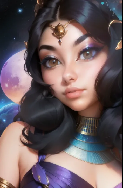 a close up of a woman with a black hair and a purple dress, digital art by Tony Szczudlo, reddit, afrofuturism, cosmic goddess, cosmic girl, galactic sized goddess, goddess of space and time, goddess of galaxies, portrait of a cosmic goddess, celestial god...