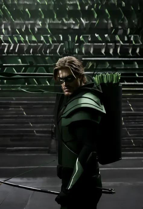 A cinematic image of jensen ackles as Green Arrow live action