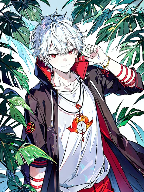 [(NIGHT Tropical BACKGROUND:1.4),::4], ((((masterpiece)))), high quality, ultra_very_high_resolution, large_filesize, full color, (((solo boy))), ((oni younger boy)), (((White short hair))), red eyes, anime, (upper body), (oni horn), neon light, black park...