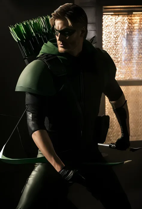 A cinematic image of jensen ackles as Green Arrow live action