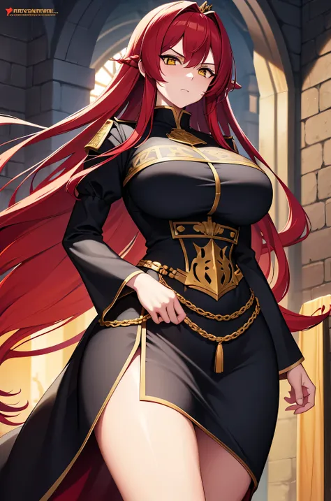 women tall women castle background warrior red hair long hair yellow eyes very detailed eyes black medieval shirt Very detailed shirt, golden crown, very large breasts, very large thighs, serious face, showing breasts, close zoom 4k 8k