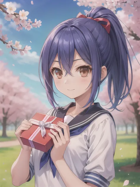 A stunningly beautiful 20-year-old woman stands in a lush green park full of cherry blossoms in full bloom under a clear blue sky. She is wearing a classic sailor uniform and holds a neatly wrapped gift box with a red ribbon in both hands in front of her c...