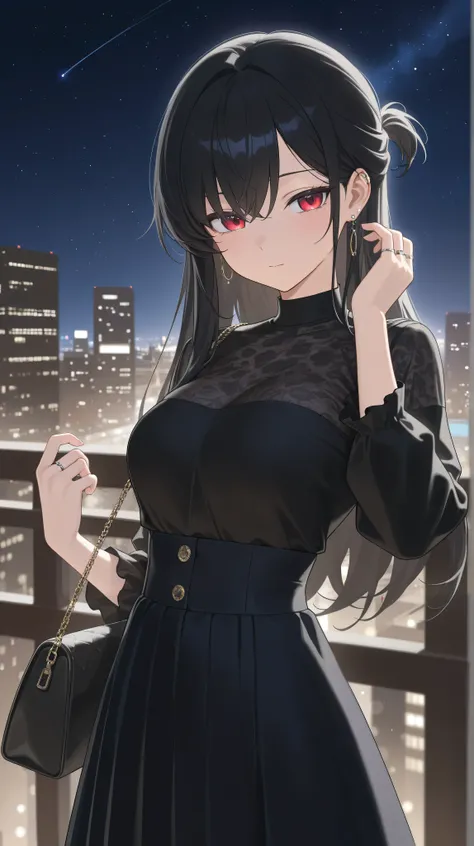 Masterpiece, top quality ,  high resolution,  one girl, black hair, half up hairstyle, red eyes,Shining Eyes, ear earrings,ring, black blouse,high waisted flared jumper skirt, E-cup Breasts, carry a handbag, starry sky , night city, Japanese illustration s...