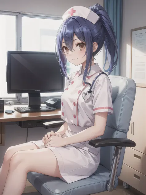 Depict a 20-year-old, very beautiful woman in a hospital room. She is wearing a nurse cap and a mini-skirt style white uniform. Her expression is shy, and she is smiling gently. The setting includes medical equipment and furnishings typical of a hospital r...