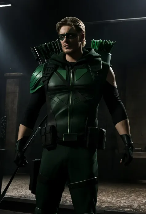 A cinematic image of jensen ackles as Green Arrow live action