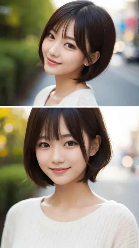 Japanese pretty girl　front　smile　whole body　 high resolution　8k　24 years old　 shortcut hair for the full picture of the double