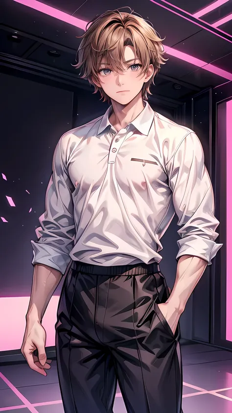 ((One beautiful handsome man)), ((smile)), open mouse, ((brown short hair)), beautiful eyes, Beautiful double eyelids, broadly grinning, pointy nose, Smooth and glowing skin, muscle, ((taller)), broad-shouldered, ((cute animal big mascot)), white half slee...