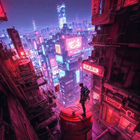 arafed view of a city at night with a man standing on a pipe, digital cyberpunk anime art, anime cyberpunk art, digital cyberpunk - anime art, futuristic cyberpunk tokyo night, cyberpunk anime art, in cyberpunk city, akira anime cyberpunk, cyberpunk dreams...