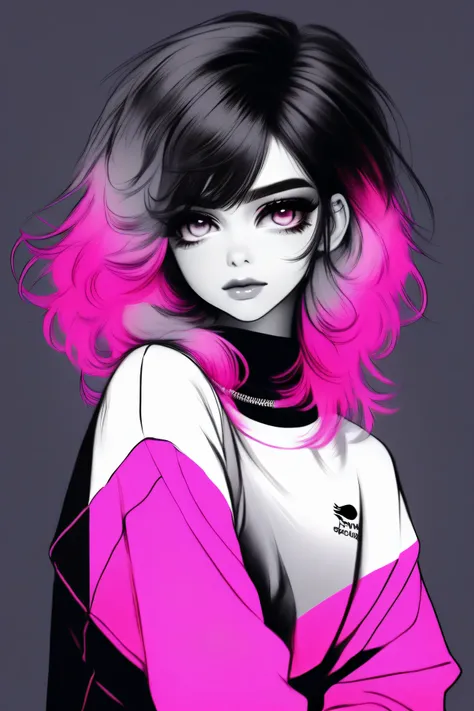 illustrator, anime , realistic ,sketch , 1 girl, ,lip, sweater,order, black and white mix gradient background, neon black and pink highlight hair,Textured trim, Canadian, (masterpiece,Best quality)