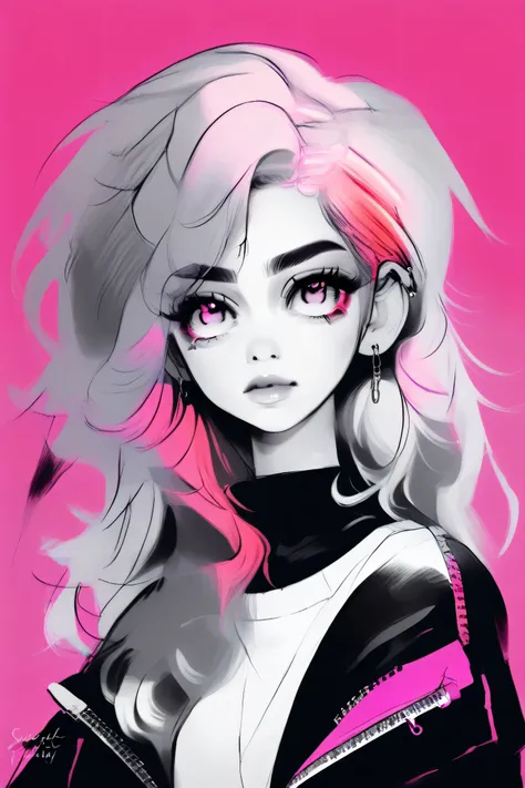 illustrator, anime , realistic ,sketch , 1 girl, ,lip, sweater,order, black and white mix gradient background, neon black and pink highlight hair,Textured trim, Canadian, (masterpiece,Best quality)