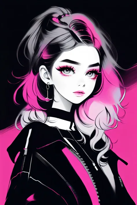 illustrator, anime , realistic ,sketch , 1 girl, ,lip, sweater,order, black and white mix gradient background, neon black and pink highlight hair,Textured trim, Canadian, (masterpiece,Best quality)