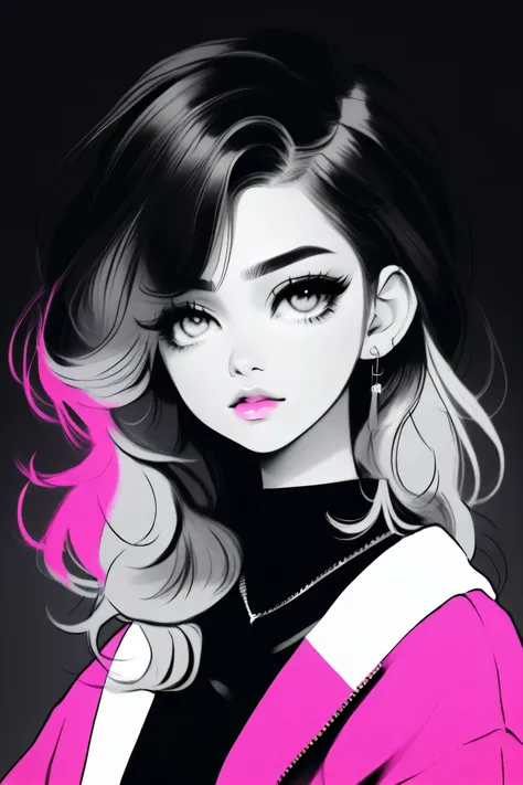 illustrator, anime , realistic ,sketch , 1 girl, ,lip, sweater,order, black and white mix gradient background, neon black and pink highlight hair,Textured trim, Canadian, (masterpiece,Best quality)