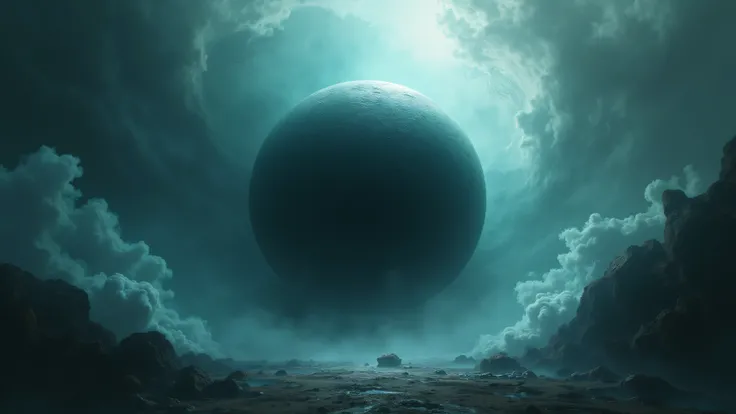 A darkened sphere looms at the center, absorbing all color into its core. Around it, ghostly wisps of teal and silver spiral outward, as if caught in an unseen force. The sphere is not solid but fluid, shifting between presence and absence. It could be a b...