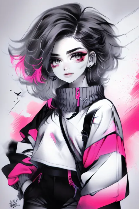 illustrator, anime , realistic ,sketch , 1 girl, ,lip, sweater,order, black and white mix gradient background, neon black and pink highlight hair,Textured trim, Canadian, (masterpiece,Best quality)