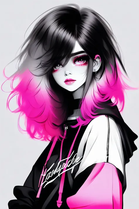 illustrator, anime , realistic ,sketch , 1 girl, ,lip, sweater,order, black and white mix gradient background, neon black and pink highlight hair,Textured trim, Canadian, (masterpiece,Best quality)