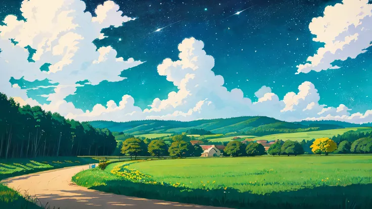 Ghibli style countryside starry sky