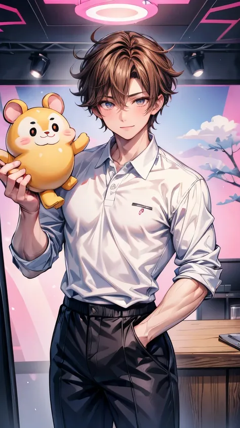 ((One beautiful handsome man)), ikemen face, ((smile)), open mouse, ((brown short hair)), beautiful eyes, Beautiful double eyelids, broadly grinning, pointy nose, Smooth and glowing skin, muscle, ((taller)), broad-shouldered, white half sleeve polo shirt, ...