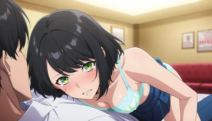 NSFW,sex,vaginal ,anime screencap, masterpiece, best quality,
1girl, 1boy, parted lips,
medium hair, black hair, swept bangs, green eyes, mole under eye,
,decorated bra,decorated panties,skirt,white shirt,
, looking at the viewer,tears,fear,,
indoors, love...