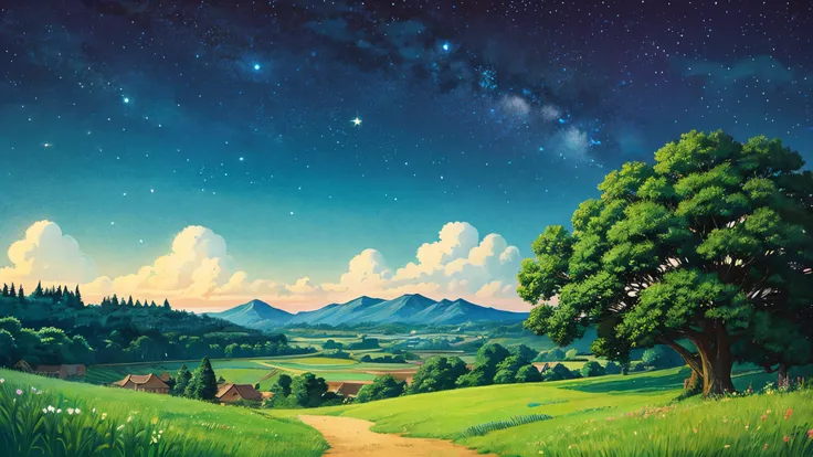 Ghibli style countryside starry sky