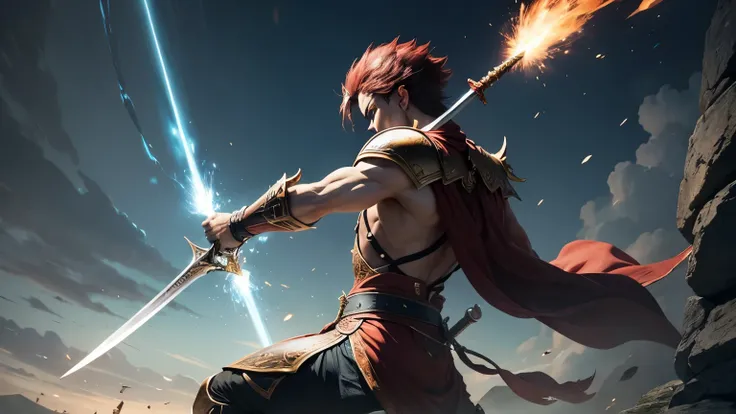 "The warrior from the Dragon Clan swings his sword downward in a powerful arc, aiming at an opponent's shield. The impact sends sparks flying, showcasing the strength of the blow."